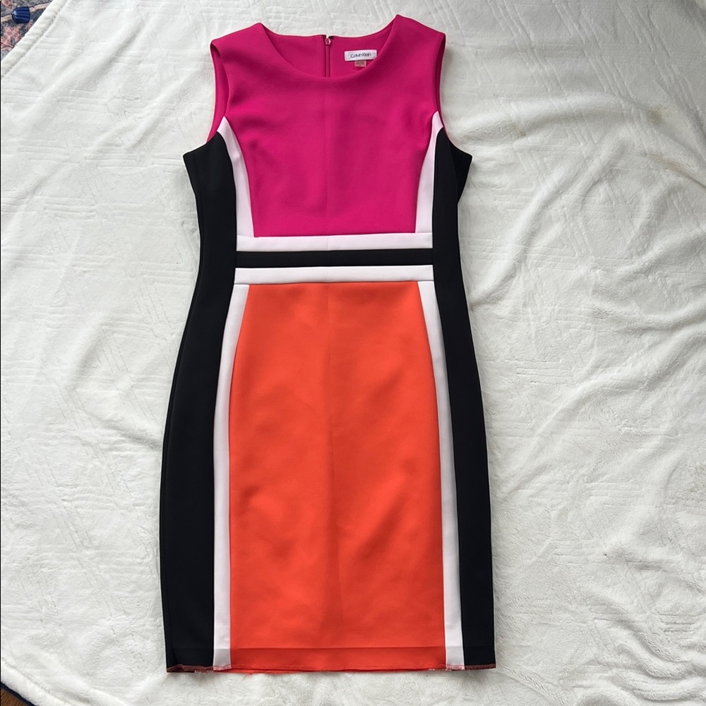 Calvin Klein Colorblock Sheath Dress Pink Orange Black Size 12